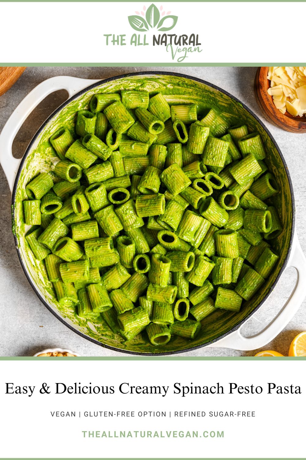 recipe card stating this recipe is vegan, refined sugar-free, and there is a gluten-free option