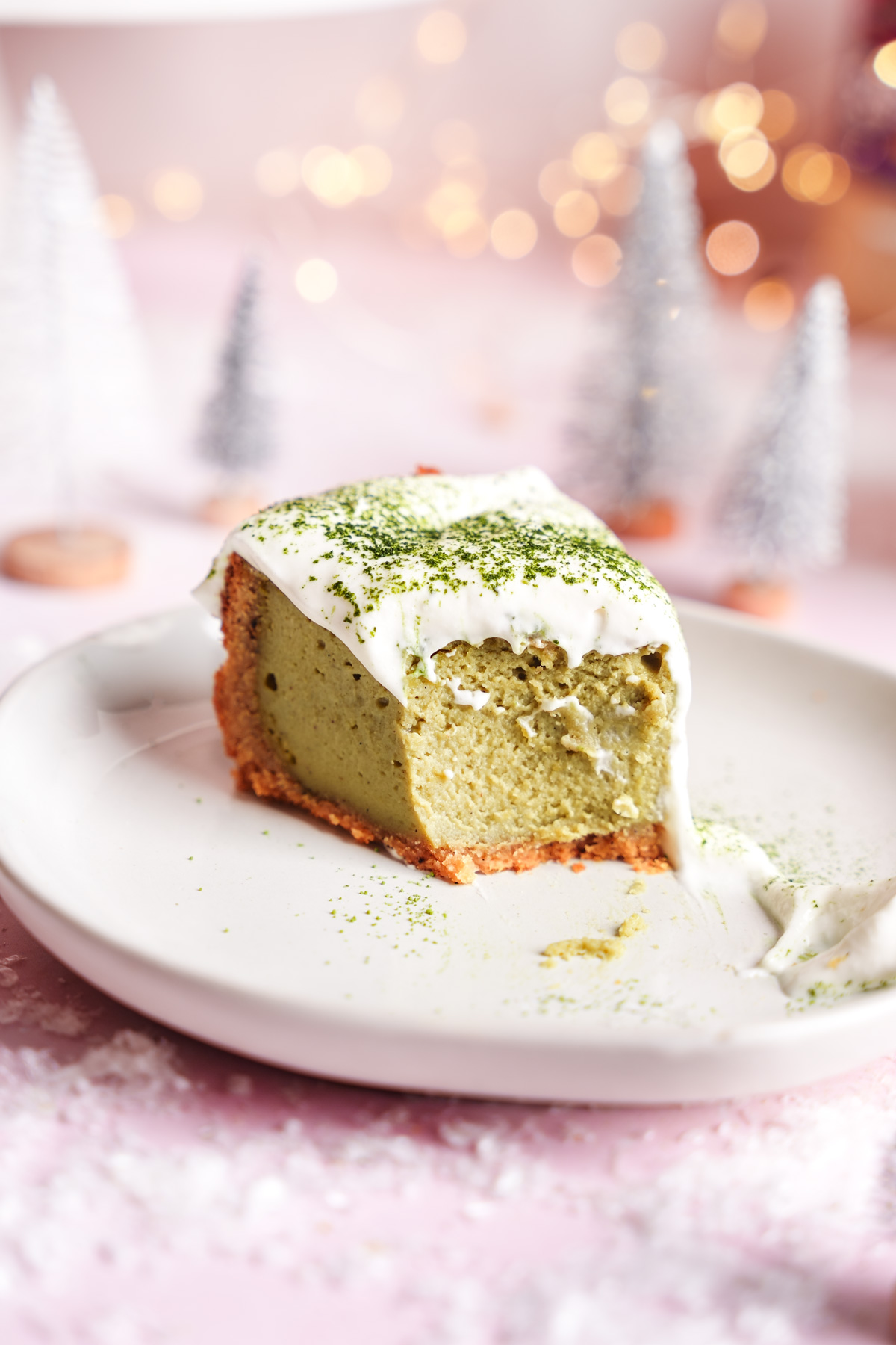 a close up of the matcha cheesecake to show the texture