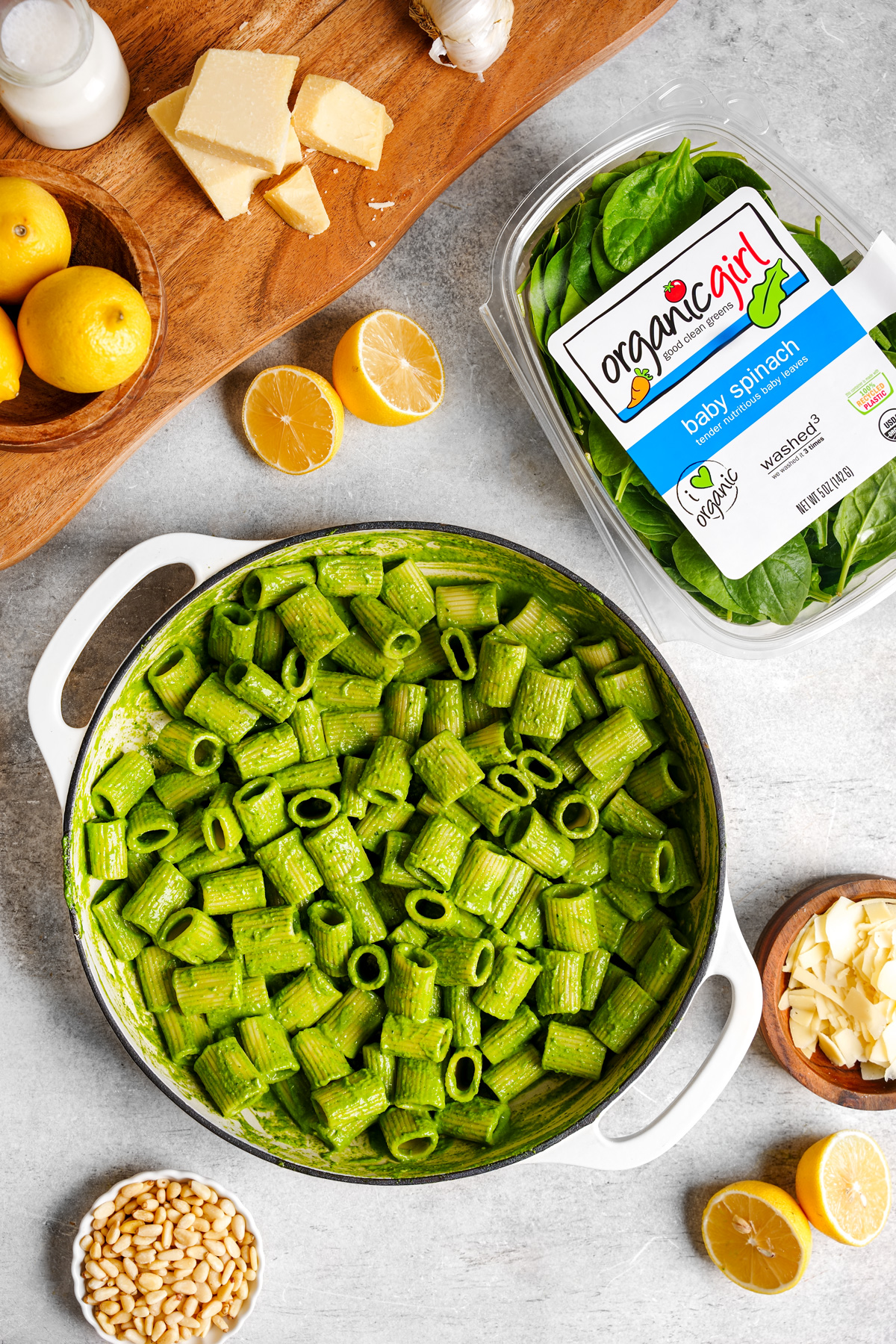 the vegan spinach pesto pasta with the organicgirl baby spinach