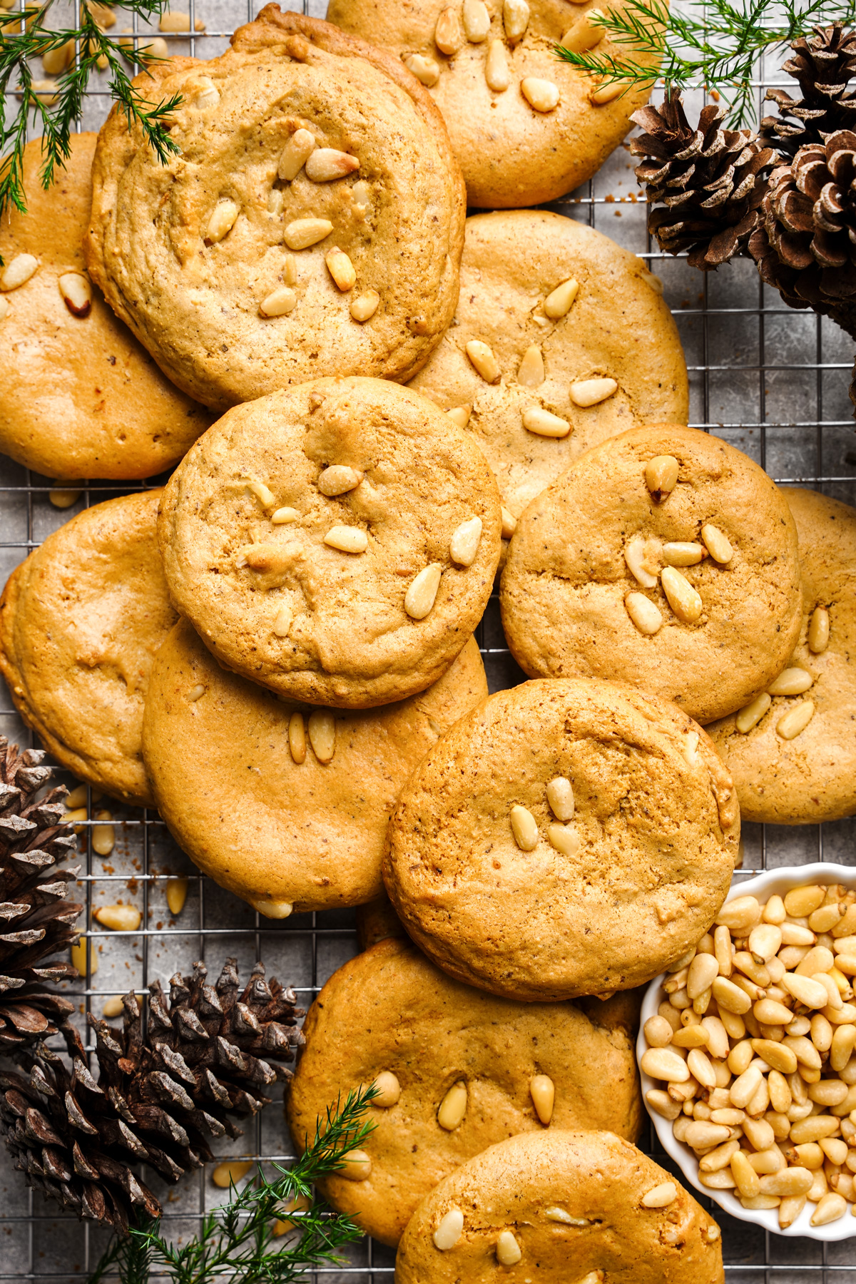 the healthy vegan pine nut cookies cooling on a wire rack