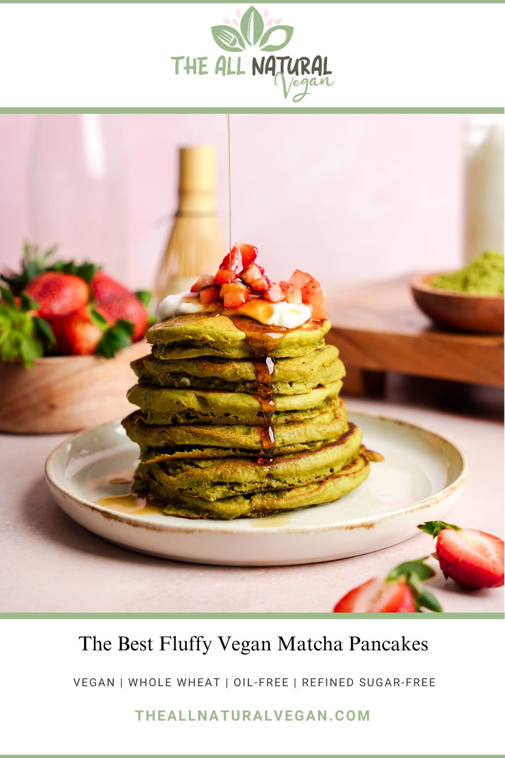 pinterest recipe card for the vegan matcha pancakes