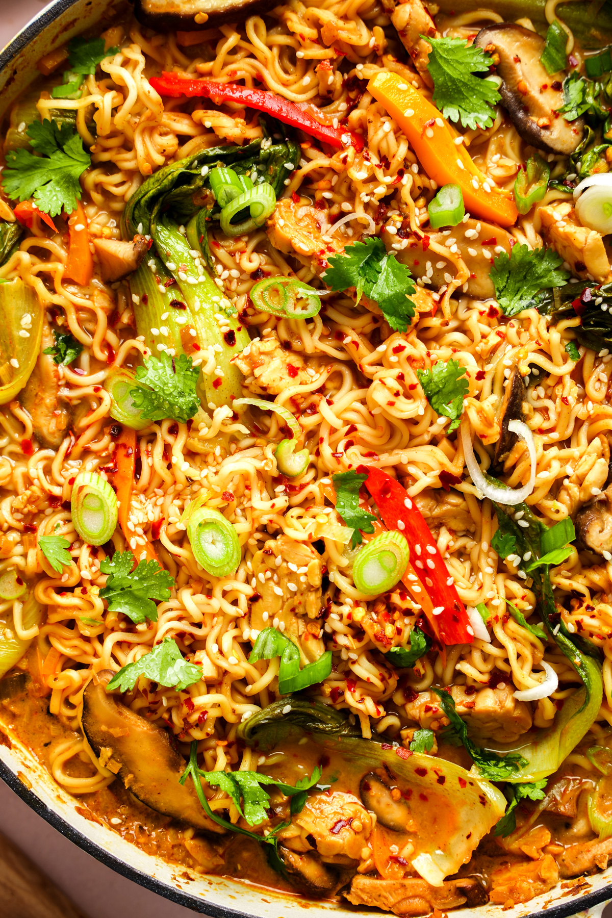 a close up of the vegan ramen to show all the textures of the dish