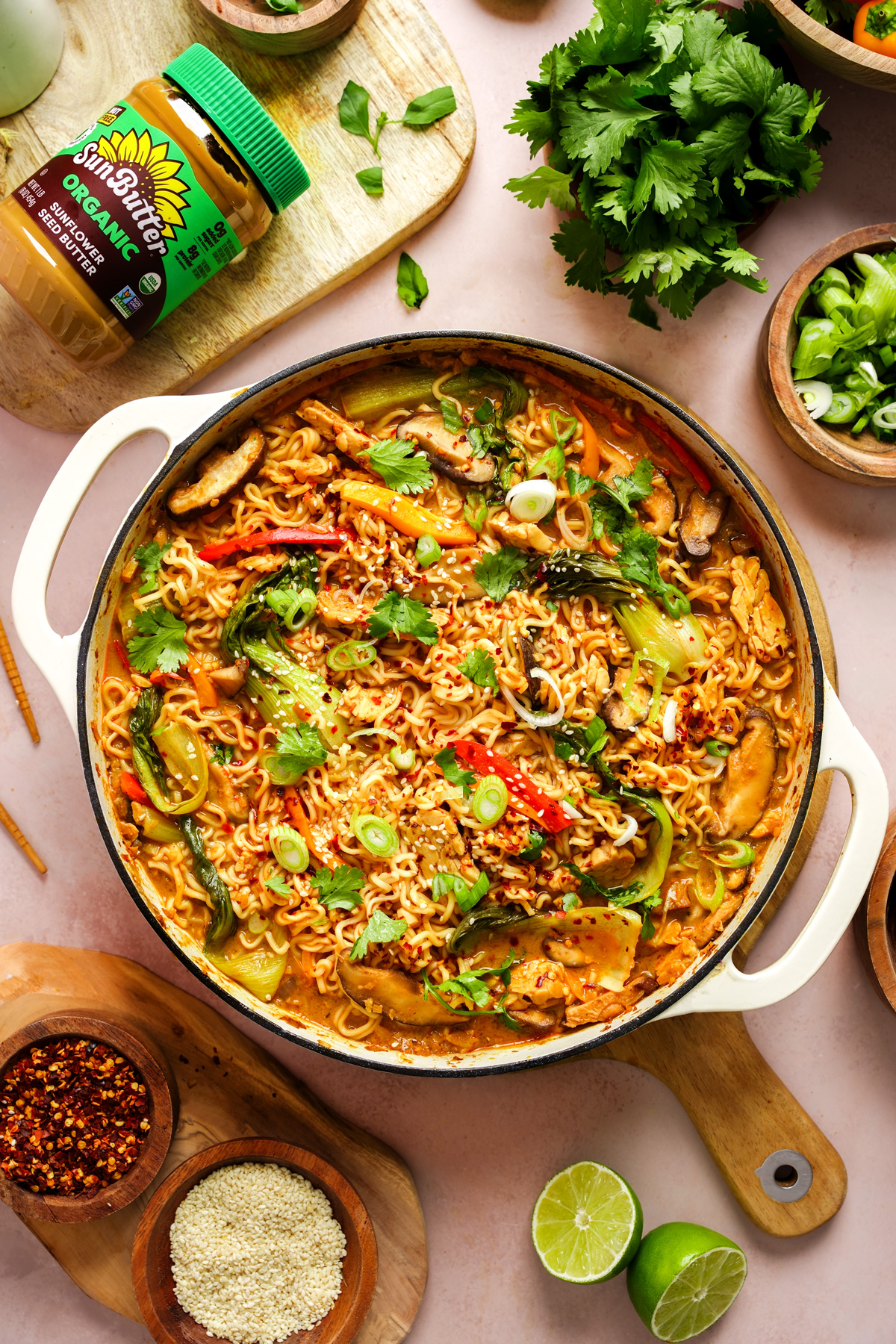 the vegan ramen in a large pot with the sunbutter organic sunflower seed butter
