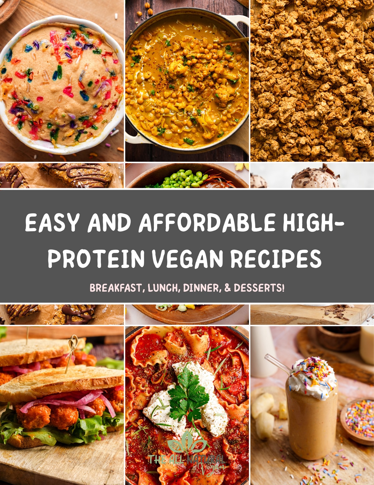 Pinterest-style collage featuring multiple vegan dishes including a sprinkle-topped mug cake, chickpea curry, granola, a sandwich, pasta with vegan ricotta, and a smoothie. Text overlay reads