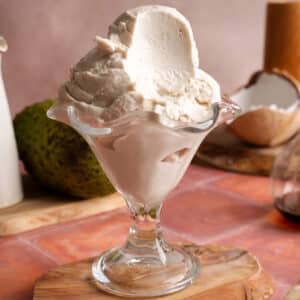 Close-up of creamy vegan soursop ice cream in a glass dessert dish with a smooth texture and tropical ingredients in the background