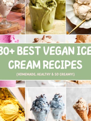 vegan ice cream roundup cover image with a collection of the ice cream recipes featured
